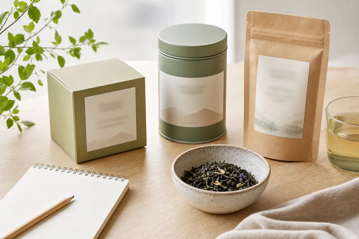 Food packaging with soft-focus labels beside a notepad and pencil on wood