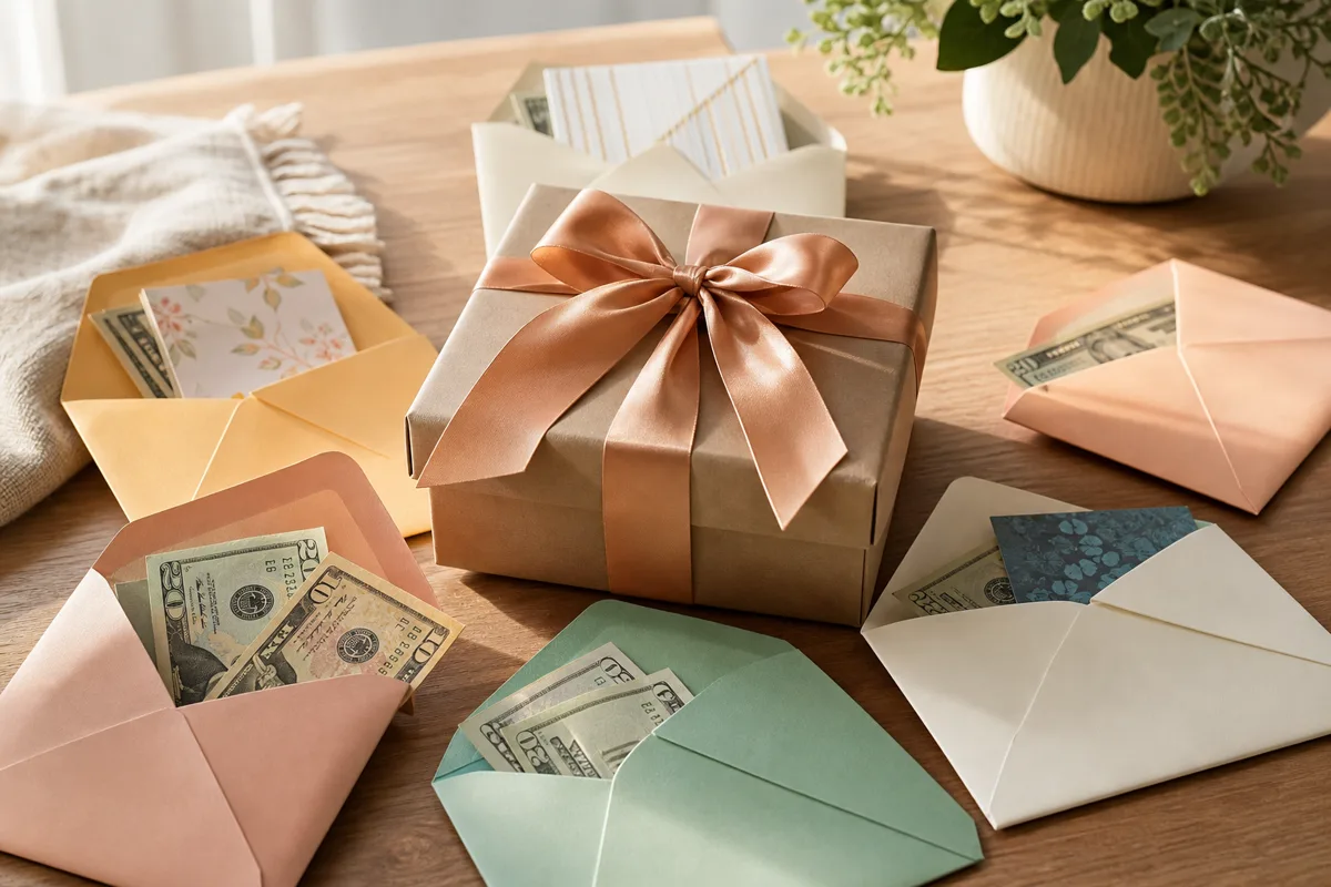 Several envelopes surrounding one shared gift box with a bow on a table