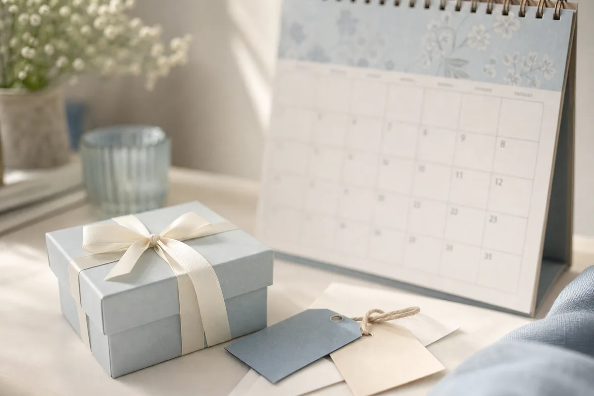 Still-life of a desk calendar showing several months beside a small wrapped gift box