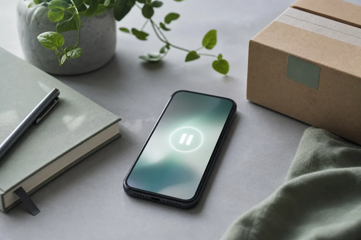 Smartphone beside a small delivery parcel and notebook on a desk