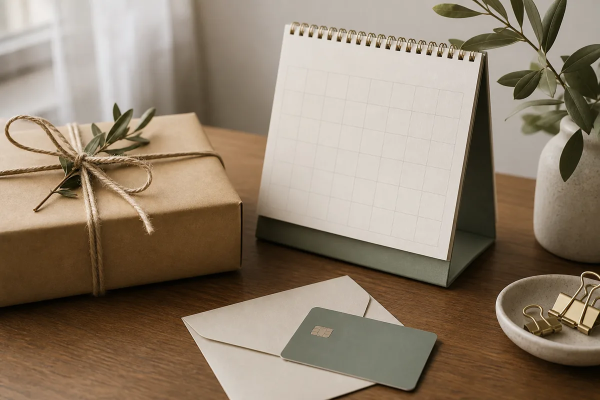 Still-life of gift wrap, a desk calendar and a payment card arranged on a wooden desk