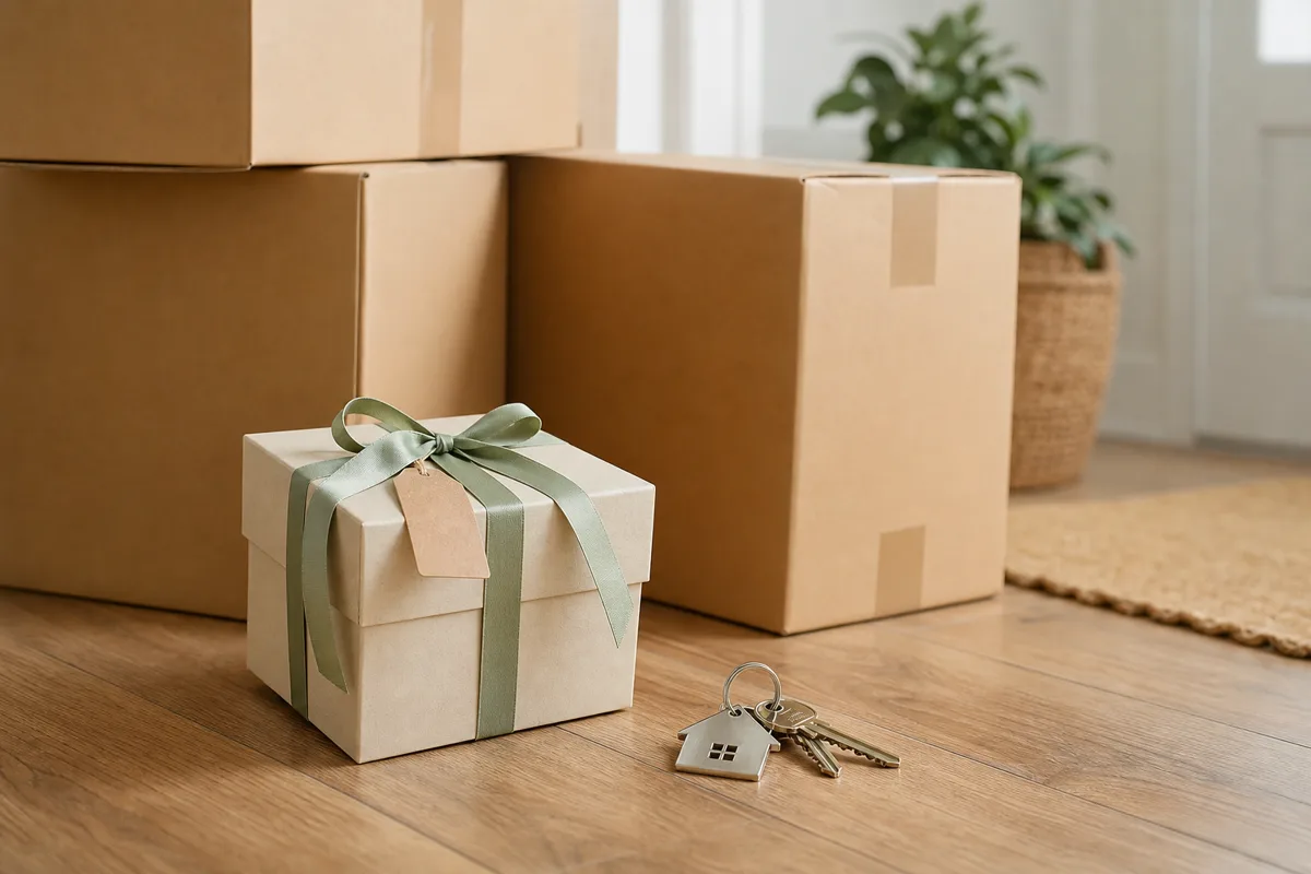 Moving boxes with kraft tape beside a small welcome gift and house key