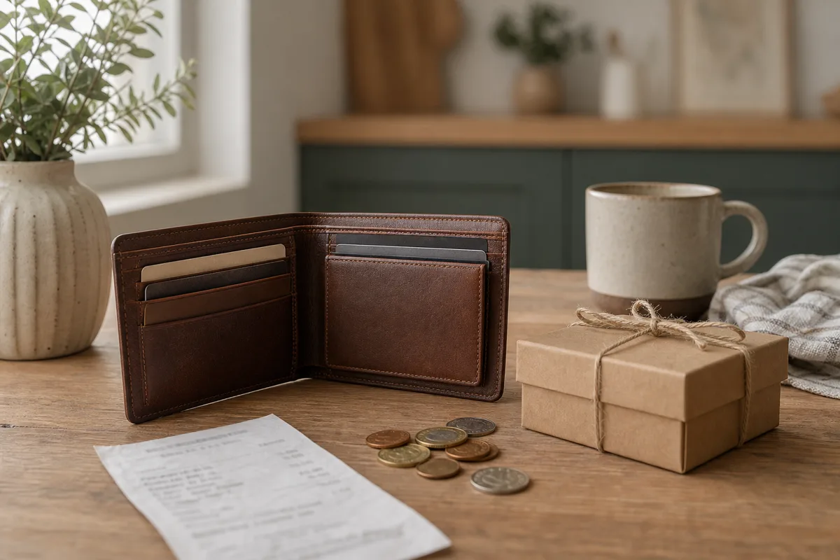 Open wallet, paper receipt and a small kraft gift box on a kitchen table