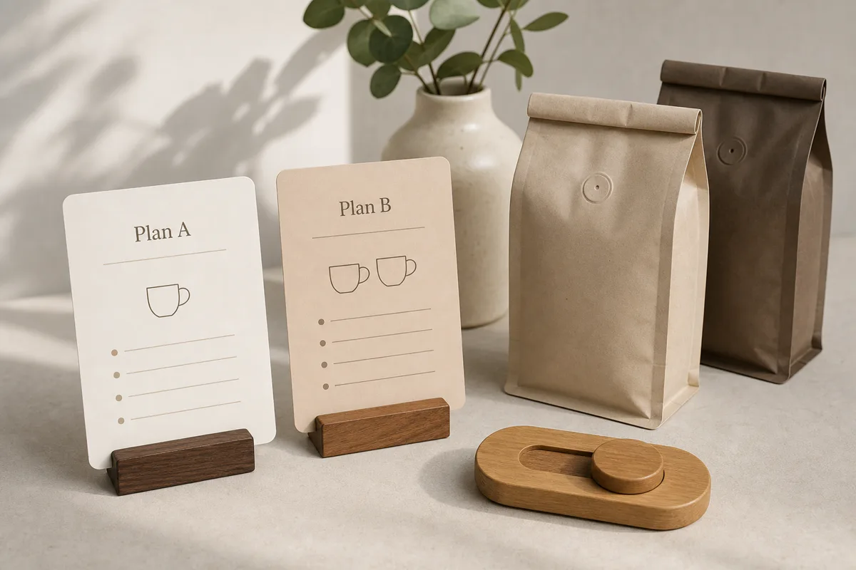 Two coffee bag sizes and a frequency calendar card arranged on a kitchen counter