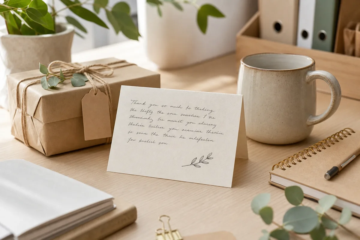 Thank-you note card and small wrapped parcel on a tidy desk