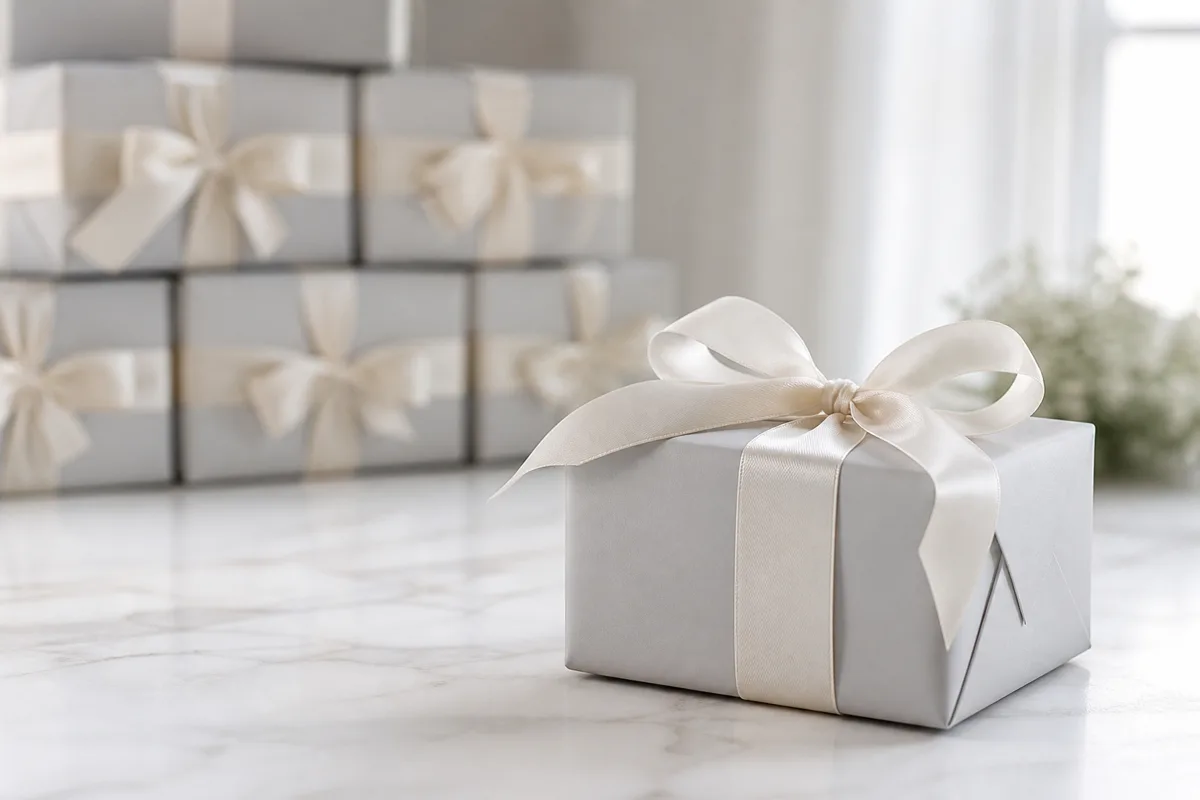 One gift box in focus beside a blurred stack of repeating parcels